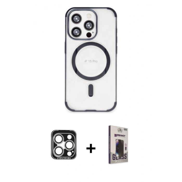 MARSİLYAN™- iPhone 15 Pro Max Kılıf Eksen Klasik Koleksiyonu - Siyah Bilvis Hayalet Cam Ekran Koruyucu + Gümüş PVD Metal Kamera Lens