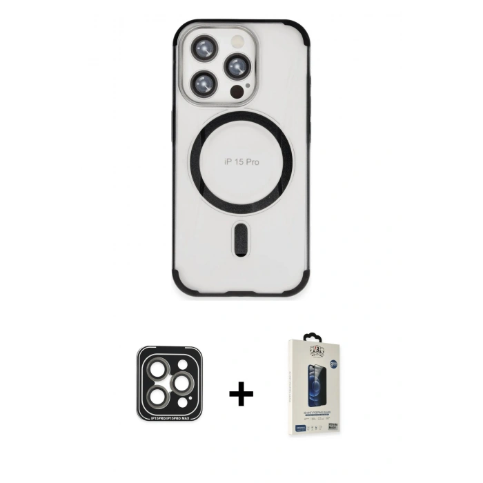 MARSİLYAN™- iPhone 15 Pro Max Kılıf Eksen Klasik Koleksiyonu - Siyah Bilvis Hayalet Cam Ekran Koruyucu + PVD Metal Kamera Lens - GI