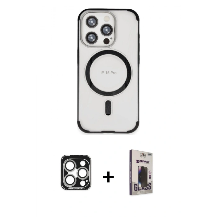 MARSİLYAN™- iPhone 15 Pro Max Kılıf Eksen Klasik Koleksiyonu - Siyah Bilvis Hayalet Cam Ekran Koruyucu + Gümüş PVD Metal Kamera Lens