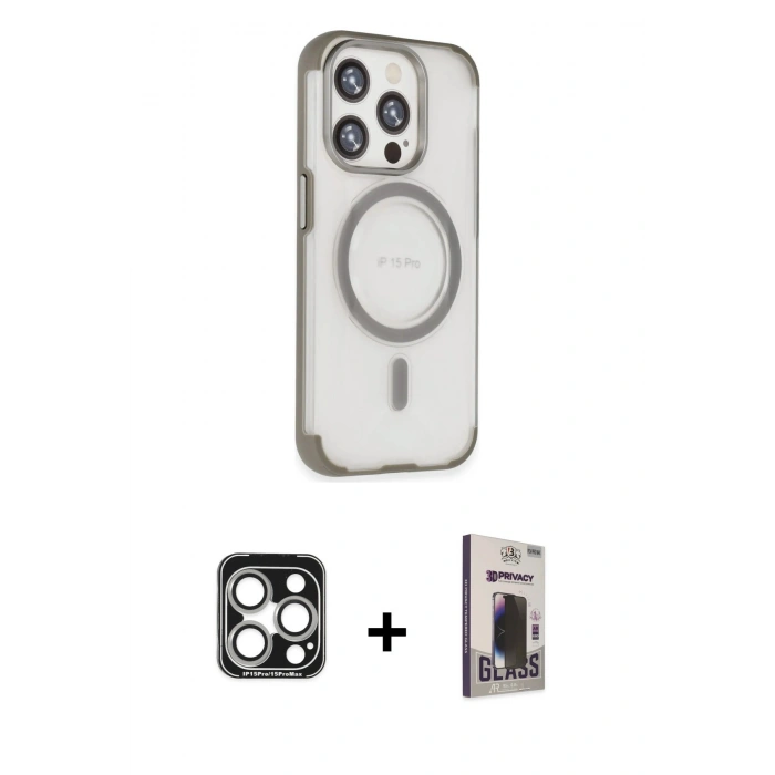 MARSİLYAN™- iPhone 15 Pro Max Kılıf Eksen Klasik Koleksiyonu - Siyah Bilvis Hayalet Cam Ekran Koruyucu + Gümüş PVD Metal Kamera Lens