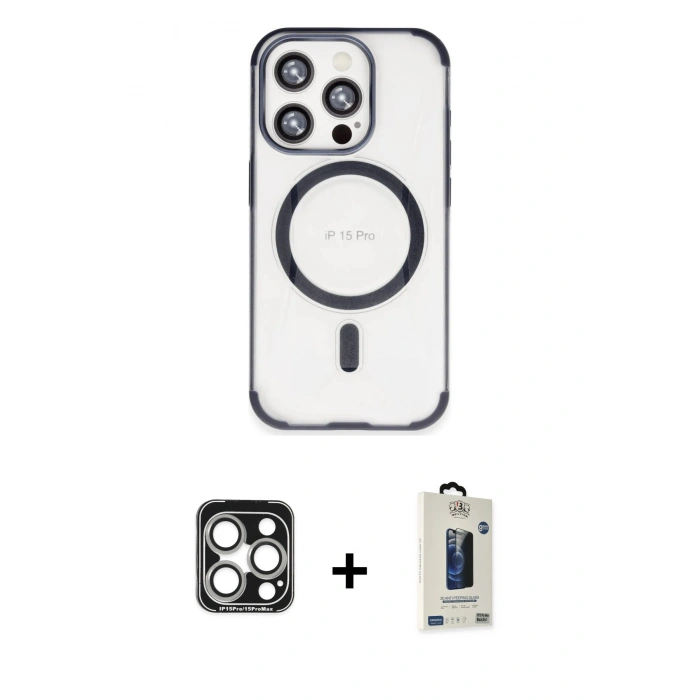 MARSİLYAN™- iPhone 15 Pro Max Kılıf Eksen Klasik Koleksiyonu - Siyah Bilvis Hayalet Cam Ekran Koruyucu + Gümüş PVD Metal Kamera Lens