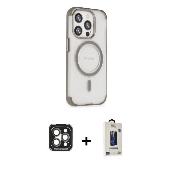 MARSİLYAN™- iPhone 15 Pro Max Kılıf Eksen Klasik Koleksiyonu - Siyah Bilvis Hayalet Cam Ekran Koruyucu + PVD Metal Kamera Lens - GI