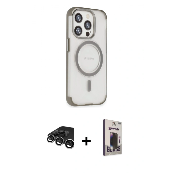 MARSİLYAN™- iPhone 15 Pro Max Kılıf Eksen Klasik Koleksiyonu - Siyah Bilvis Hayalet Cam Ekran Koruyucu + Gümüş Raze Metal Kamera Lens