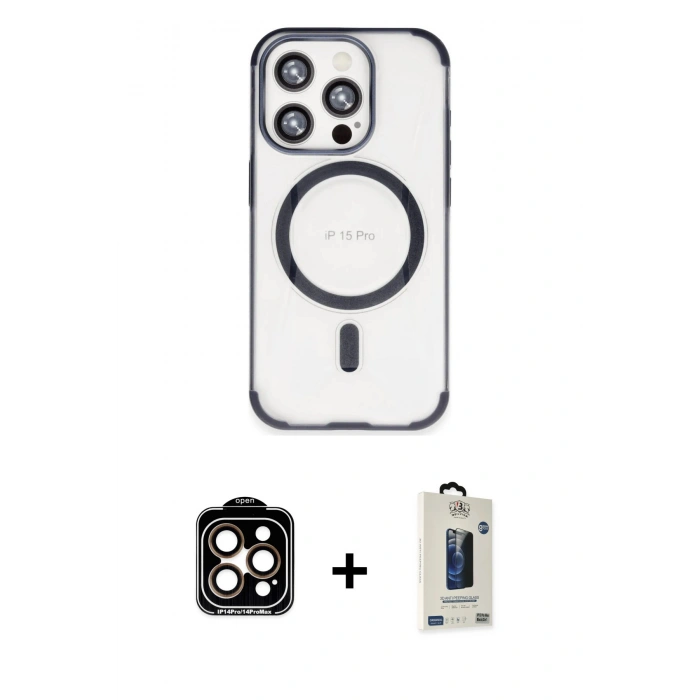 MARSİLYAN™- iPhone 15 Pro Max Kılıf Eksen Klasik Koleksiyonu - Siyah Bilvis Hayalet Cam Ekran Koruyucu + PVD Metal Kamera Lens - TU