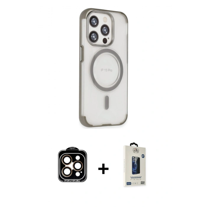 MARSİLYAN™- iPhone 15 Pro Max Kılıf Eksen Klasik Koleksiyonu - Siyah Bilvis Hayalet Cam Ekran Koruyucu + PVD Metal Kamera Lens - TU