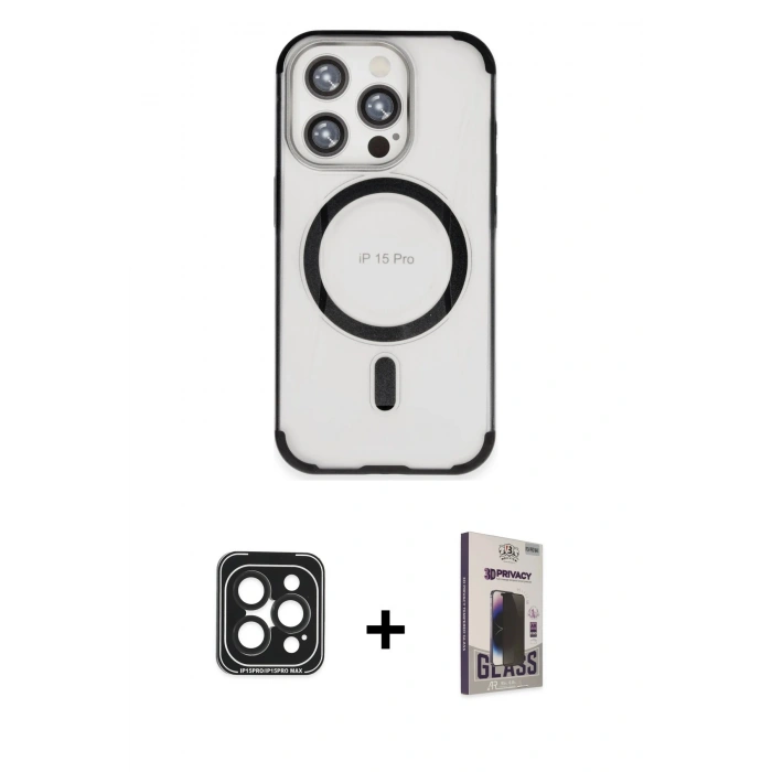 MARSİLYAN™- iPhone 15 Pro Max Kılıf Eksen Klasik Koleksiyonu - Siyah Bilvis Hayalet Cam Ekran Koruyucu + PVD Metal Kamera Lens - SH