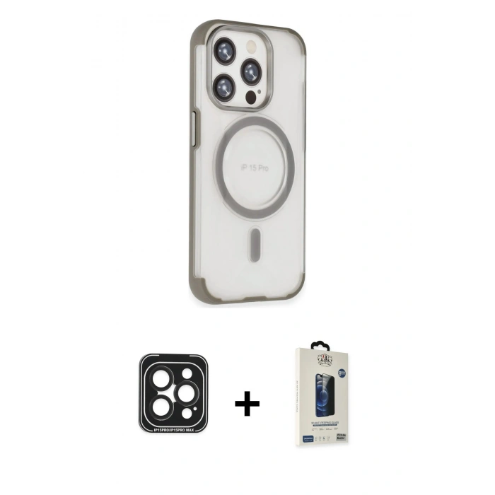 MARSİLYAN™- iPhone 15 Pro Max Kılıf Eksen Klasik Koleksiyonu - Siyah Bilvis Hayalet Cam Ekran Koruyucu + PVD Metal Kamera Lens - SH