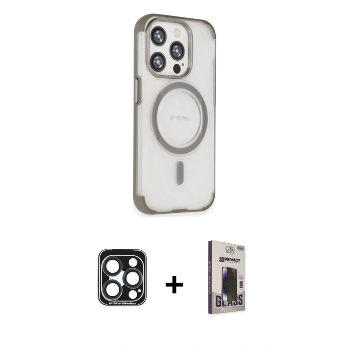 MARSİLYAN™- iPhone 15 Pro Max Kılıf Eksen Klasik Koleksiyonu - Siyah Bilvis Hayalet Cam Ekran Koruyucu + PVD Metal Kamera Lens - LT