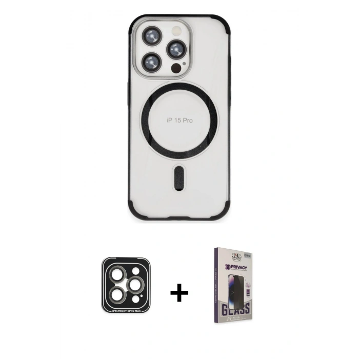 MARSİLYAN™- iPhone 15 Pro Max Kılıf Eksen Klasik Koleksiyonu - Siyah Bilvis Hayalet Cam Ekran Koruyucu + PVD Metal Kamera Lens - GI