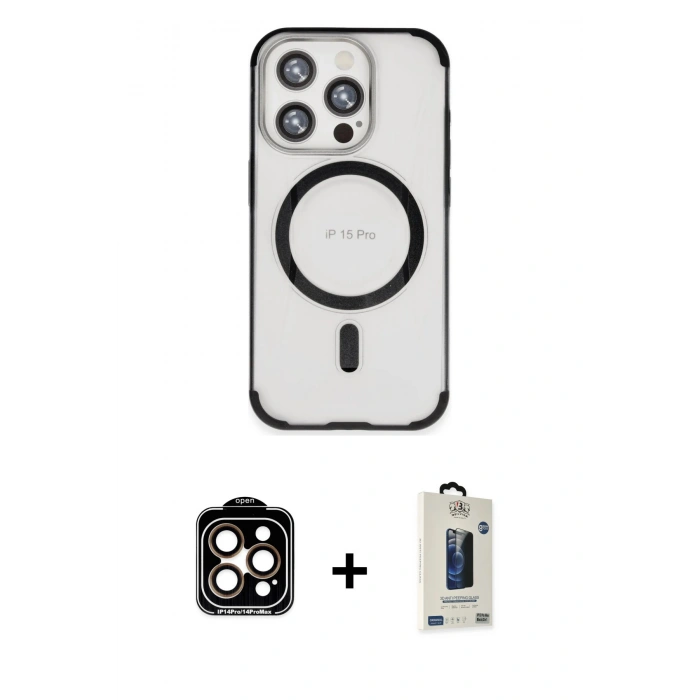 MARSİLYAN™- iPhone 15 Pro Max Kılıf Eksen Klasik Koleksiyonu - Siyah Bilvis Hayalet Cam Ekran Koruyucu + PVD Metal Kamera Lens - TU