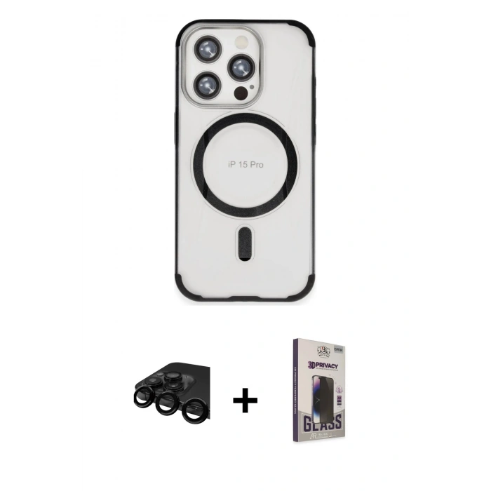 MARSİLYAN™- iPhone 15 Pro Max Kılıf Eksen Klasik Koleksiyonu - Siyah Bilvis Hayalet Cam Ekran Koruyucu + Raze Metal Kamera Lens - SH