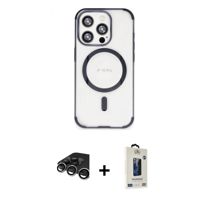 MARSİLYAN™- iPhone 15 Pro Max Kılıf Eksen Klasik Koleksiyonu - Siyah Bilvis Hayalet Cam Ekran Koruyucu + Raze Metal Kamera Lens - GS
