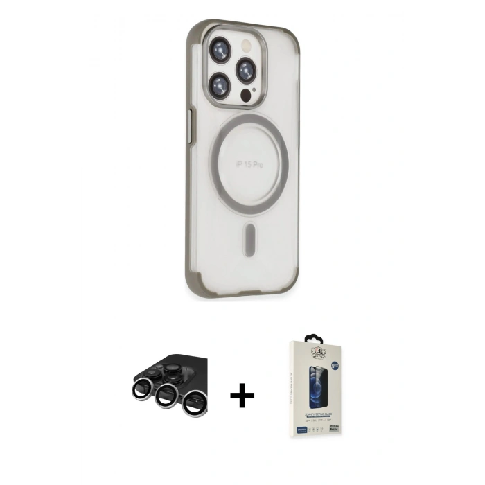 MARSİLYAN™- iPhone 15 Pro Max Kılıf Eksen Klasik Koleksiyonu - Siyah Bilvis Hayalet Cam Ekran Koruyucu + Raze Metal Kamera Lens - GS