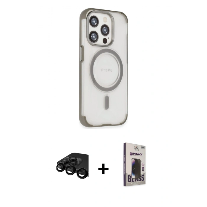 MARSİLYAN™- iPhone 15 Pro Max Kılıf Eksen Klasik Koleksiyonu - Siyah Bilvis Hayalet Cam Ekran Koruyucu + Raze Metal Kamera Lens - SH