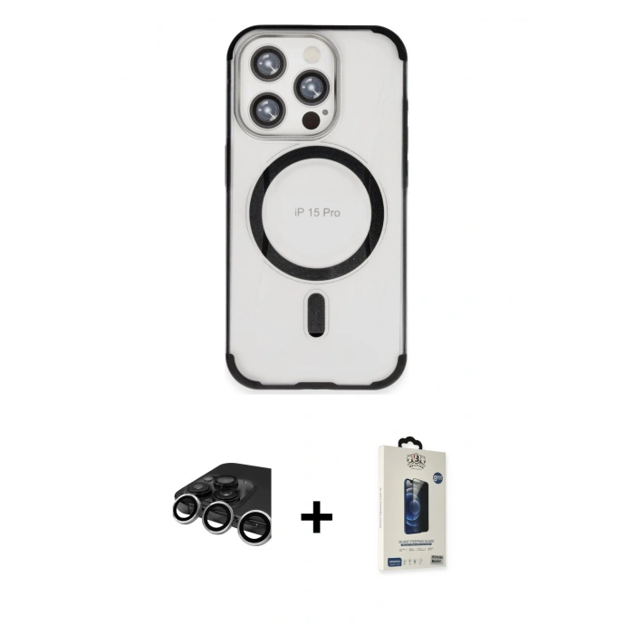 MARSİLYAN™- iPhone 15 Pro Max Kılıf Eksen Klasik Koleksiyonu - Siyah Bilvis Hayalet Cam Ekran Koruyucu + Raze Metal Kamera Lens - GS
