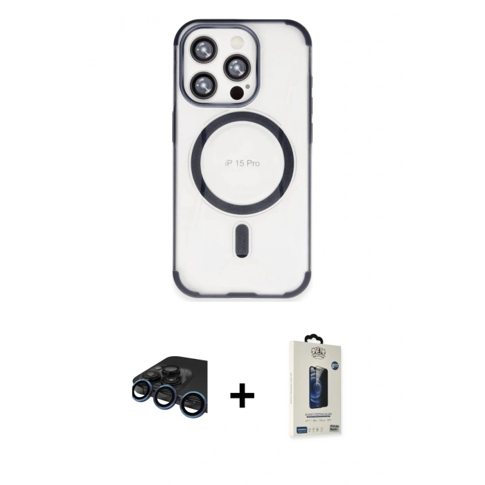 MARSİLYAN™- iPhone 15 Pro Max Kılıf Eksen Klasik Koleksiyonu - Siyah Bilvis Hayalet Cam Ekran Koruyucu + Raze Metal Kamera Lens - LT