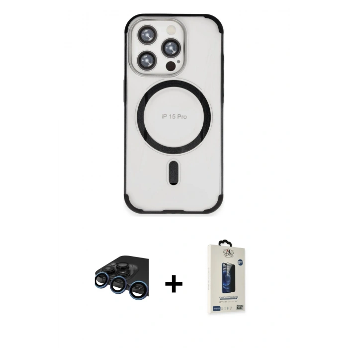 MARSİLYAN™- iPhone 15 Pro Max Kılıf Eksen Klasik Koleksiyonu - Siyah Bilvis Hayalet Cam Ekran Koruyucu + Raze Metal Kamera Lens - LT