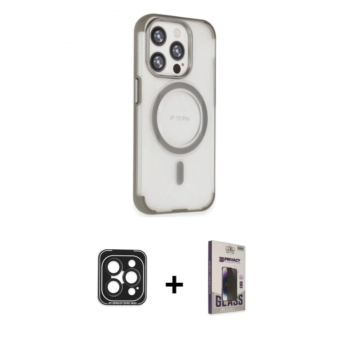 MARSİLYAN™- iPhone 15 Pro Max Kılıf Eksen Klasik Koleksiyonu - Siyah Bilvis Hayalet Cam Ekran Koruyucu + PVD Metal Kamera Lens - SH