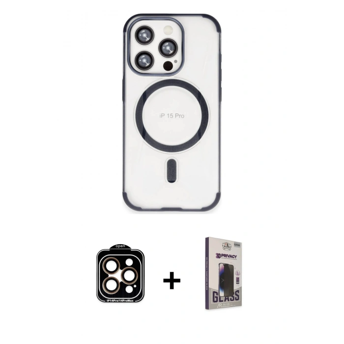MARSİLYAN™- iPhone 15 Pro Max Kılıf Eksen Klasik Koleksiyonu - Siyah Bilvis Hayalet Cam Ekran Koruyucu + PVD Metal Kamera Lens - TU