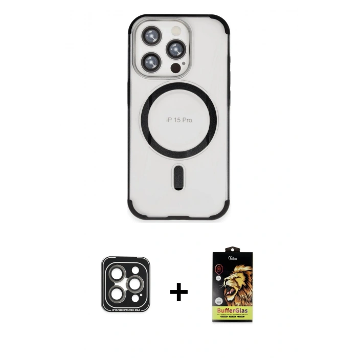 MARSİLYAN™- iPhone 15 Pro Max Kılıf Eksen Klasik Koleksiyonu - Siyah Buffer Cam Ekran Koruyucu + PVD Metal Kamera Lens - GI