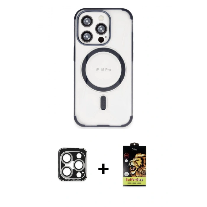 MARSİLYAN™- iPhone 15 Pro Max Kılıf Eksen Klasik Koleksiyonu - Siyah Buffer Cam Ekran Koruyucu + PVD Metal Kamera Lens - GS