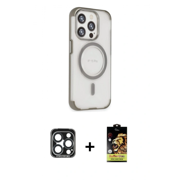 MARSİLYAN™- iPhone 15 Pro Max Kılıf Eksen Klasik Koleksiyonu - Siyah Buffer Cam Ekran Koruyucu + PVD Metal Kamera Lens - LT
