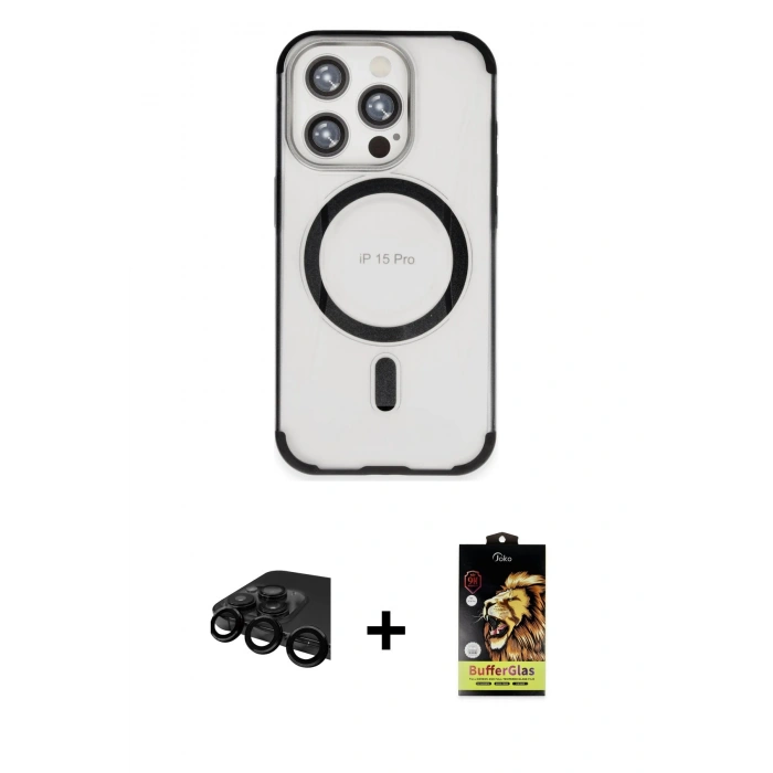 MARSİLYAN™- iPhone 15 Pro Max Kılıf Eksen Klasik Koleksiyonu - Siyah Buffer Cam Ekran Koruyucu + Raze Metal Kamera Lens - SH