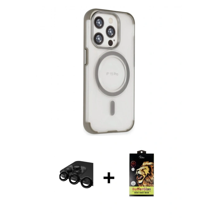 MARSİLYAN™- iPhone 15 Pro Max Kılıf Eksen Klasik Koleksiyonu - Siyah Buffer Cam Ekran Koruyucu + Raze Metal Kamera Lens - SH