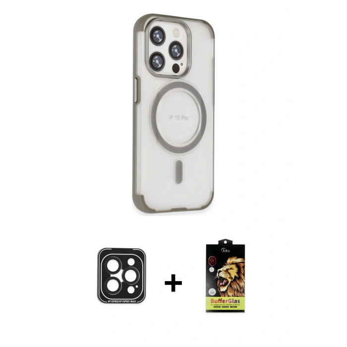 MARSİLYAN™- iPhone 15 Pro Max Kılıf Eksen Klasik Koleksiyonu - Siyah Buffer Cam Ekran Koruyucu + Siyah PVD Metal Kamera Lens