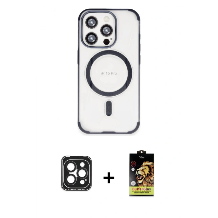MARSİLYAN™- iPhone 15 Pro Max Kılıf Eksen Klasik Koleksiyonu - Siyah Buffer Cam Ekran Koruyucu + Siyah PVD Metal Kamera Lens