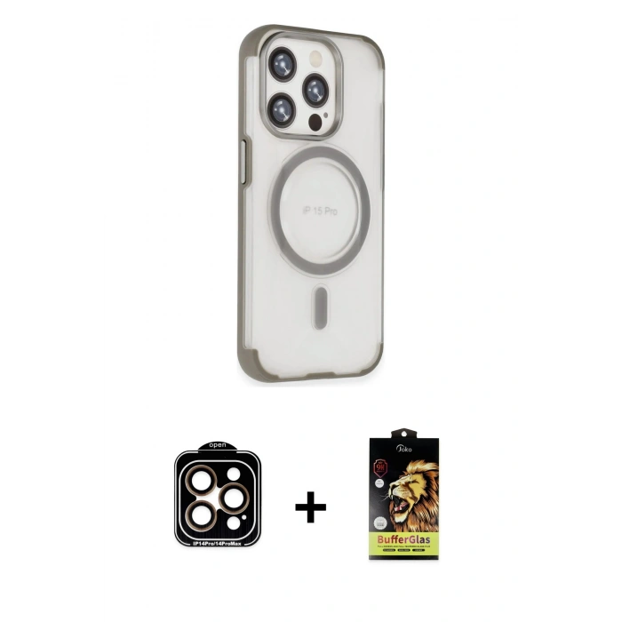 MARSİLYAN™- iPhone 15 Pro Max Kılıf Eksen Klasik Koleksiyonu - Siyah Buffer Cam Ekran Koruyucu + PVD Metal Kamera Lens - TU
