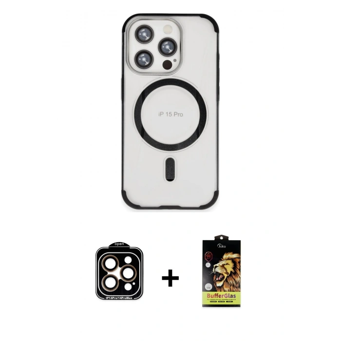MARSİLYAN™- iPhone 15 Pro Max Kılıf Eksen Klasik Koleksiyonu - Siyah Buffer Cam Ekran Koruyucu + PVD Metal Kamera Lens - TU