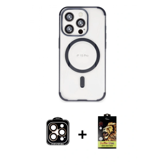 MARSİLYAN™- iPhone 15 Pro Max Kılıf Eksen Klasik Koleksiyonu - Siyah Buffer Cam Ekran Koruyucu + PVD Metal Kamera Lens - TU
