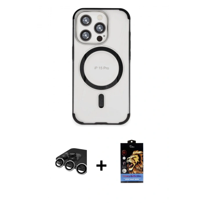 MARSİLYAN™- iPhone 15 Pro Max Kılıf Eksen Klasik Koleksiyonu - Siyah Buffer Hayalet Cam Ekran Koruyucu + Raze Metal Kamera Lens - GS