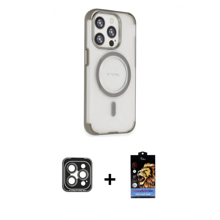 MARSİLYAN™- iPhone 15 Pro Max Kılıf Eksen Klasik Koleksiyonu - Siyah Buffer Hayalet Cam Ekran Koruyucu + Gri PVD Metal Kamera Lens