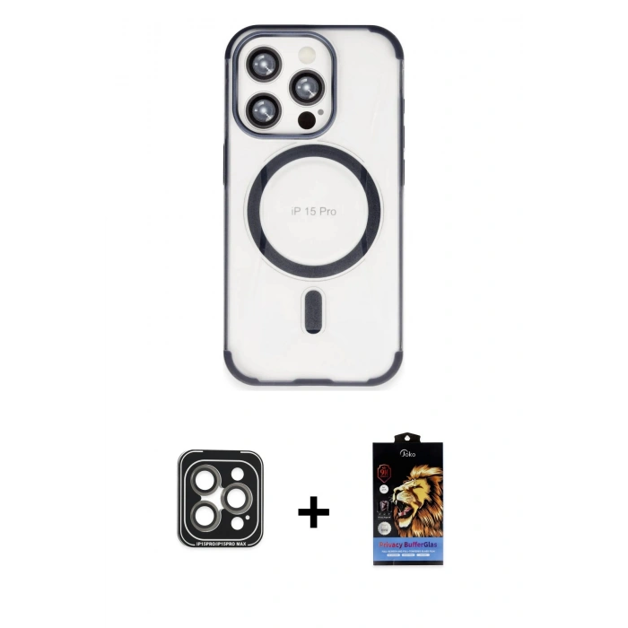 MARSİLYAN™- iPhone 15 Pro Max Kılıf Eksen Klasik Koleksiyonu - Siyah Buffer Hayalet Cam Ekran Koruyucu + Gri PVD Metal Kamera Lens