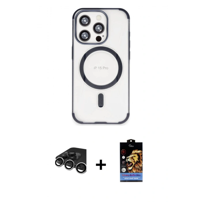 MARSİLYAN™- iPhone 15 Pro Max Kılıf Eksen Klasik Koleksiyonu - Siyah Buffer Hayalet Cam Ekran Koruyucu + Raze Metal Kamera Lens - GS