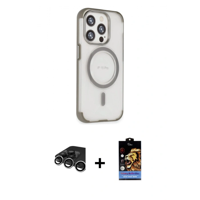 MARSİLYAN™- iPhone 15 Pro Max Kılıf Eksen Klasik Koleksiyonu - Siyah Buffer Hayalet Cam Ekran Koruyucu + Raze Metal Kamera Lens - GS
