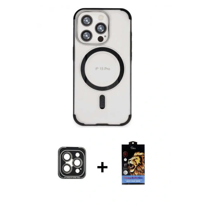 MARSİLYAN™- iPhone 15 Pro Max Kılıf Eksen Klasik Koleksiyonu - Siyah Buffer Hayalet Cam Ekran Koruyucu + Gri PVD Metal Kamera Lens