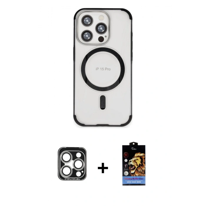 MARSİLYAN™- iPhone 15 Pro Max Kılıf Eksen Klasik Koleksiyonu - Siyah Buffer Hayalet Cam Ekran Koruyucu + PVD Metal Kamera Lens - GS