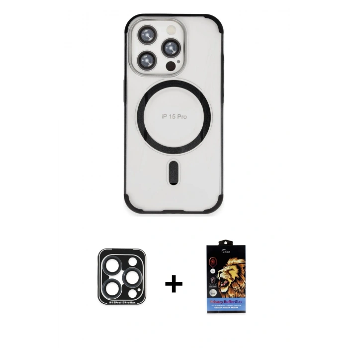 MARSİLYAN™- iPhone 15 Pro Max Kılıf Eksen Klasik Koleksiyonu - Siyah Buffer Hayalet Cam Ekran Koruyucu + PVD Metal Kamera Lens - LT