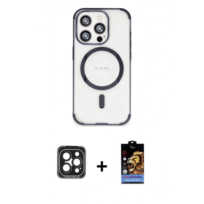 MARSİLYAN™- iPhone 15 Pro Max Kılıf Eksen Klasik Koleksiyonu - Siyah Buffer Hayalet Cam Ekran Koruyucu + PVD Metal Kamera Lens - SH