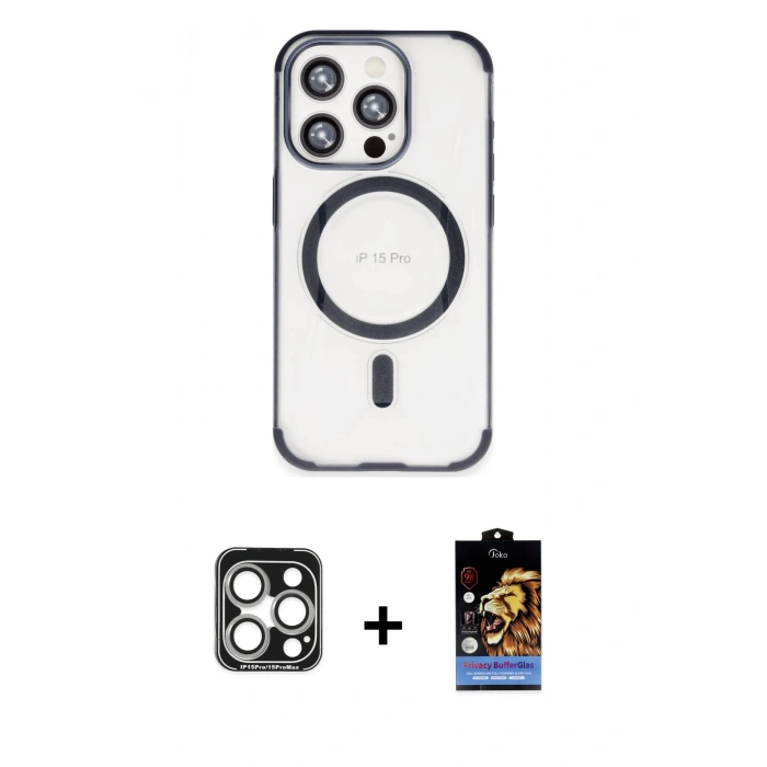 MARSİLYAN™- iPhone 15 Pro Max Kılıf Eksen Klasik Koleksiyonu - Siyah Buffer Hayalet Cam Ekran Koruyucu + PVD Metal Kamera Lens - GS