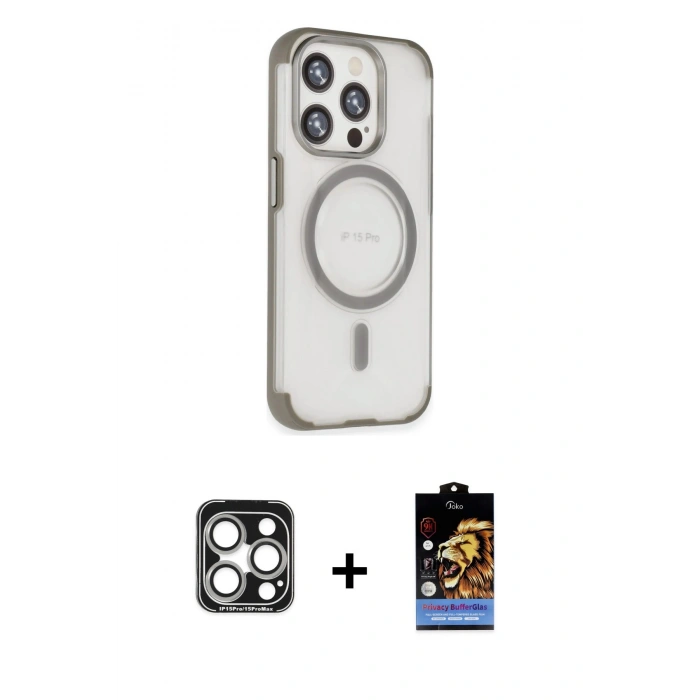 MARSİLYAN™- iPhone 15 Pro Max Kılıf Eksen Klasik Koleksiyonu - Siyah Buffer Hayalet Cam Ekran Koruyucu + PVD Metal Kamera Lens - GS