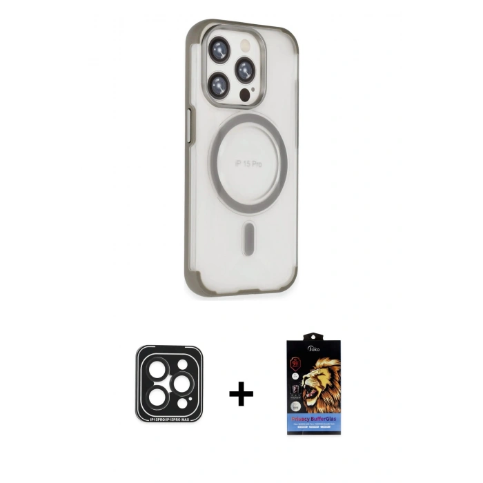 MARSİLYAN™- iPhone 15 Pro Max Kılıf Eksen Klasik Koleksiyonu - Siyah Buffer Hayalet Cam Ekran Koruyucu + PVD Metal Kamera Lens - SH
