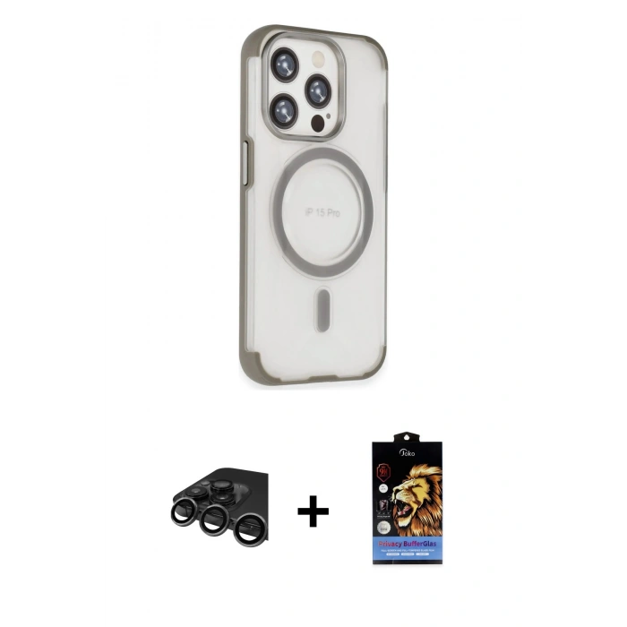 MARSİLYAN™- iPhone 15 Pro Max Kılıf Eksen Klasik Koleksiyonu - Siyah Buffer Hayalet Cam Ekran Koruyucu + Raze Metal Kamera Lens - TMGI