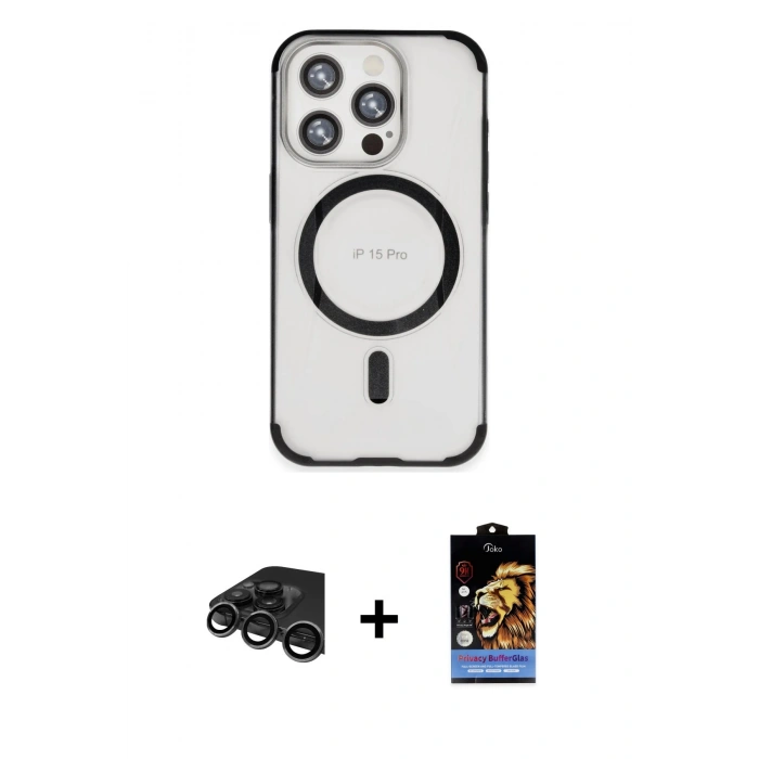 MARSİLYAN™- iPhone 15 Pro Max Kılıf Eksen Klasik Koleksiyonu - Siyah Buffer Hayalet Cam Ekran Koruyucu + Raze Metal Kamera Lens - TMGI