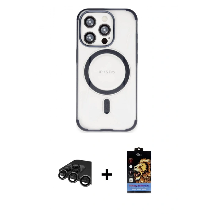 MARSİLYAN™- iPhone 15 Pro Max Kılıf Eksen Klasik Koleksiyonu - Siyah Buffer Hayalet Cam Ekran Koruyucu + Raze Metal Kamera Lens - TMGI