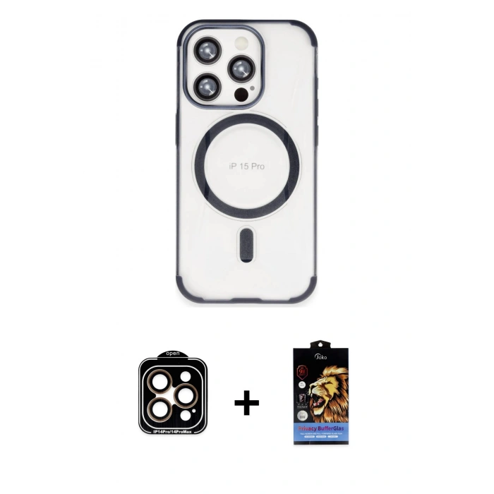 MARSİLYAN™- iPhone 15 Pro Max Kılıf Eksen Klasik Koleksiyonu - Siyah Buffer Hayalet Cam Ekran Koruyucu + PVD Metal Kamera Lens - TU