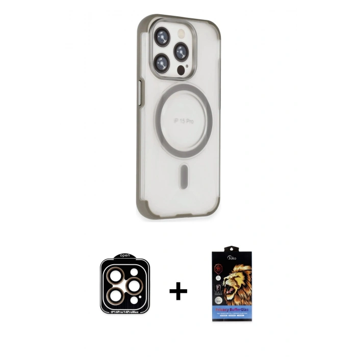 MARSİLYAN™- iPhone 15 Pro Max Kılıf Eksen Klasik Koleksiyonu - Siyah Buffer Hayalet Cam Ekran Koruyucu + PVD Metal Kamera Lens - TU